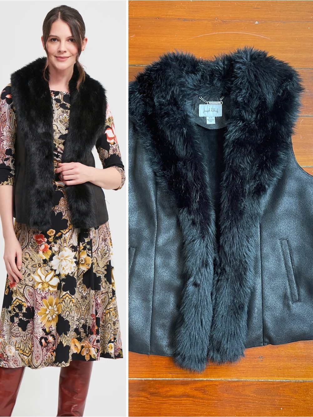 Joseph Ribkoff Faux Fur Black Vest Plush Shaw Collar Sz XL 🧡🎀